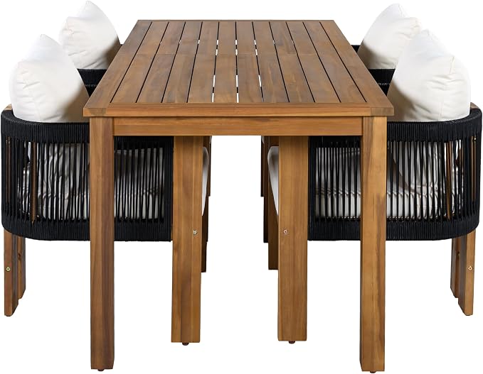 VilroCaz Luxury 5-Piece Patio Dining Set for 4, Acacia Wood Dinning Set with 4 Rope Woven Chairs and Cushions, All-Weather Outdoor Conversation Set for Garden Backyard Balcony (Black+Brown)