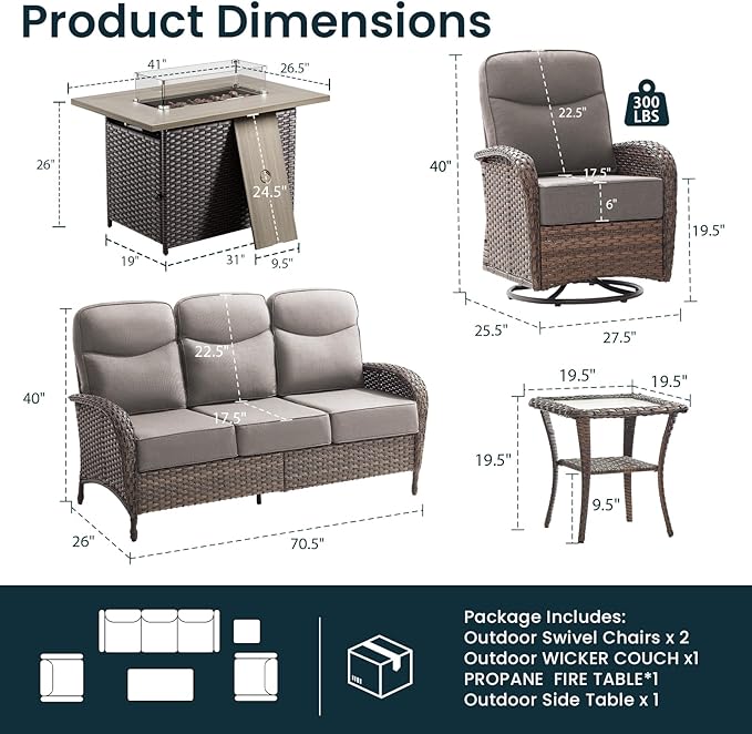 Luxury 6-Inch Cushion Patio Furniture Set with 41" Fire Pit Table, High Back Swivel Rocker Patio Chairs with Outdoor Couch, Outdoor Wicker Conversation for Deck Porch Garden Balcony Poolside
