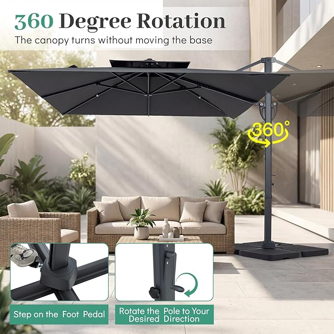Tangkula 10 FT Patio Cantilever Umbrella, Large Square Offset Hanging Umbrella w/ 360° Rotation, 8 Sturdy Ribs, Air Vent & Cross Base, Heavy-Duty Outdoor Sun Shade for Backyard Pool Garden Deck, Grey
