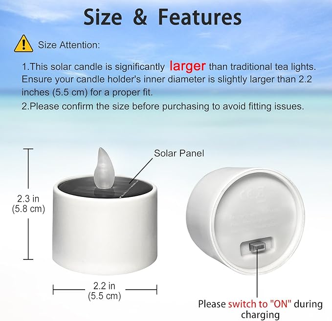 6 Pack Cool White Solar Powered Flameless Tealights, Rechargeable Outdoor Waterproof LED Flickering Electric Solar Tea Light Candles Flicker Fake LED Votive Candle Bulk for Outside Decorations