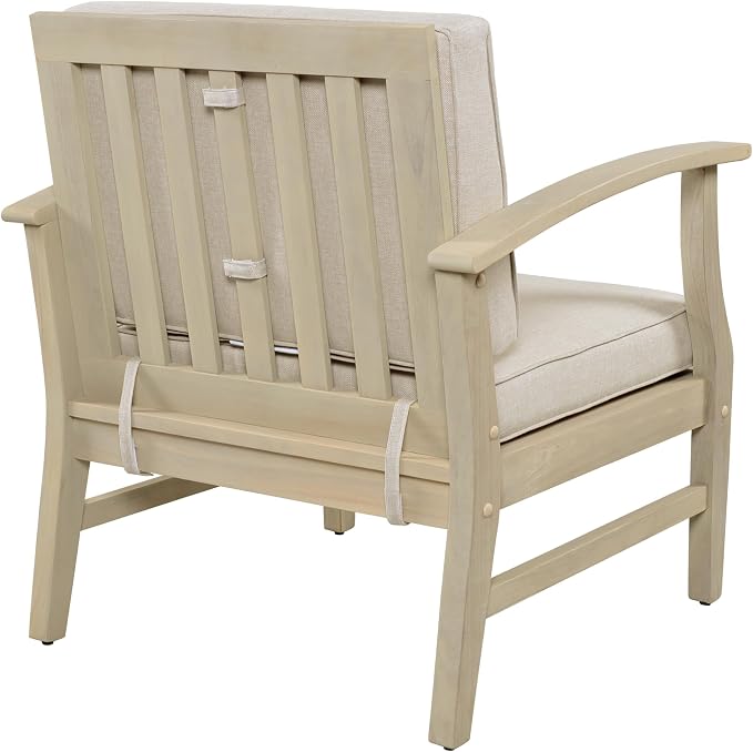 Christopher Knight Home Ace 4-Piece Outdoor Patio Furniture Set, Acacia Wood Patio Conversation Set with Loveseat, Accent Chairs And Coffee Table, 4-Seater Patio Sofa Set With Cushion,Light White+Sand