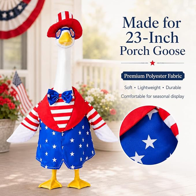 4th of July Porch Goose Outfits for 23 Inch Goose Statue, Patriotic Uncle Sam Goose Costume with Hat Glasses and Bow Tie, Red White Blue Goose Clothes for Independence Day Garden Patio Decor