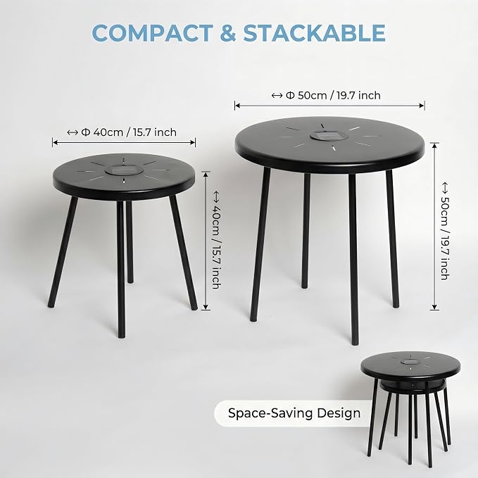 2-Pack Solar Powered Nesting Round Side Table Set, Waterproof Powder-Coated Metal End Table with Solar LED Indicator, Stackable Indoor Outdoor Patio Accent Table for Backyard Garden Balcony Bedroom