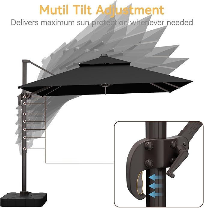 10x13 FT Patio Umbrella with Base, Large Cantilever Rectangular Double Top Heavy Duty Offset Umbrellas with 360° Rotation, Outdoor shade for Garden Deck Pool Patio, Black