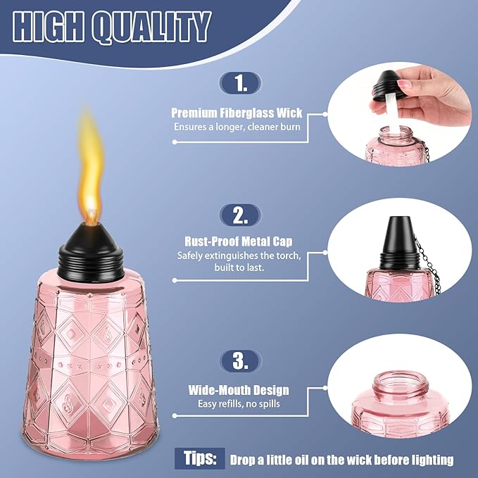 4-Pack Glass Table Top Torches - 12oz Refillable Citronella Torches Canisters for Outdoor, Includes Wick & Cap, Decorative Lanterns for Patio, Garden, Yard, Party, Landscape (4 Pack-Pink)