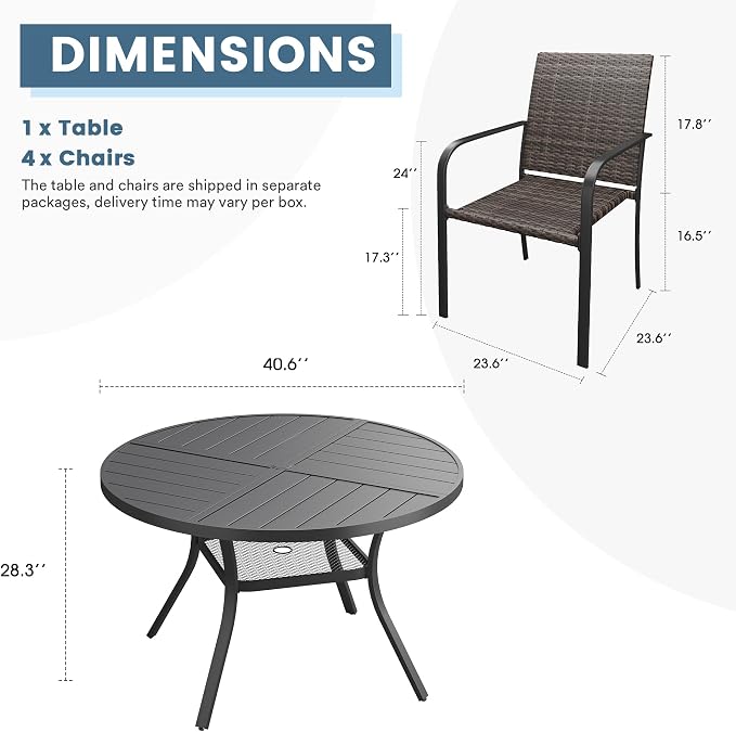 DIFY 5 Piece Outdoor Dining Set for 4, 40.6" Black Round Metal Dining Table with Umbrella Hole and Stackable Wicker Patio Chairs, All-Weather Patio Table and Chairs Set for Deck Garden Backyard