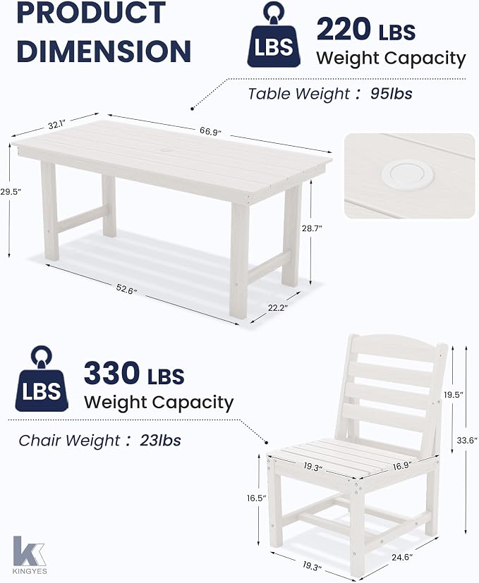 KINGYES 6-Piece Patio Dining Set, HDPE Table, Bench and Armless Chairs Outdoor Furniture Set with Umbrella Hole, White