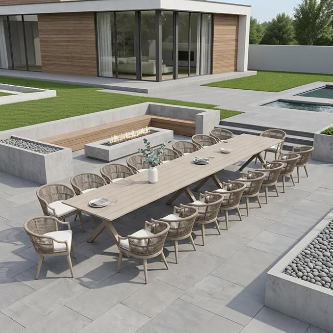 PURPLE LEAF 20 Pieces Outdoor Dining Set All Weather Wicker Patio Dining Set with Rectangular Aluminum Table and Modern Armrest Dining Chairs for Garden Deck Backyard Kitchen, Champagne