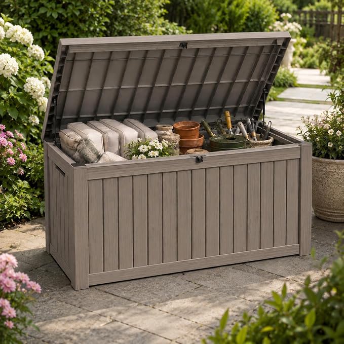 155 Gallon Outdoor Deck Storage Box, Large Waterproof Resin Patio Storage Box, Lockable Bench Seat Holds 2 Adults, for Garden Tools, Cushions & Pool Floats, UV & Rust Resistant, Gray Brown