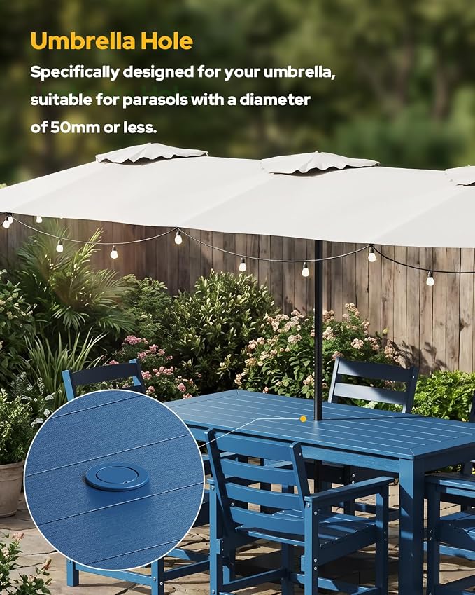 Outdoor HDPE Dining Table Set 7-Piece, All-Weather Outdoor Table and Chairs with Umbrella Hole Cut-Out, Patio Furniture for Garden, Backyard, Deck (Blue)