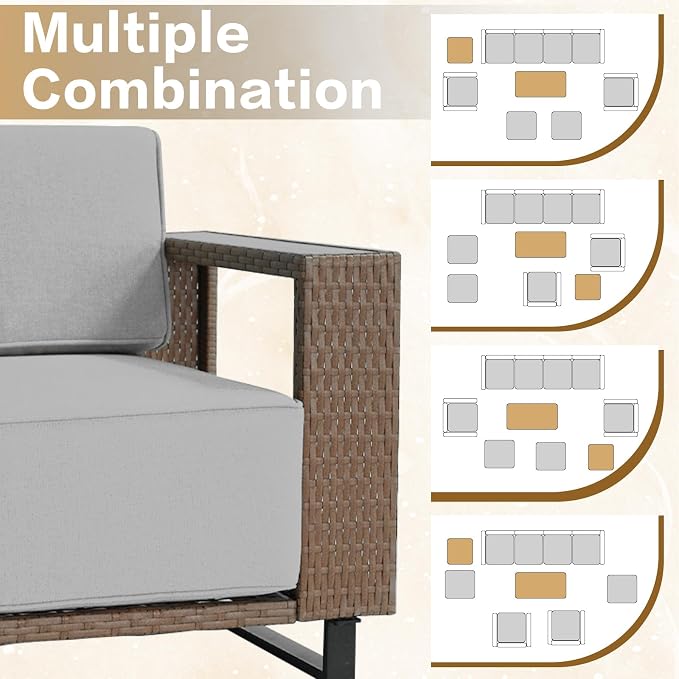 10 Pieces Outdoor Patio Furniture Set, PE Rattan Weaving Sofa with 10 inch Thick Cushions, Dining Table and Coffee Table with Steel Frame and Wooden Board, Brown/Light Gray Linen