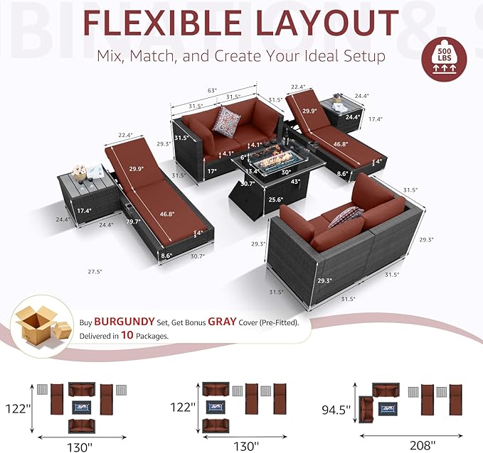 NICESOUL 9 Piece Patio Furniture Set with Firepit, Modern Outdoor Sectional Couch with Chaise Lounge, Comfy 29.3'' High-Back Backyard Seating, All-Weather Modular Sofa for Garden, Yard, Grey & Red