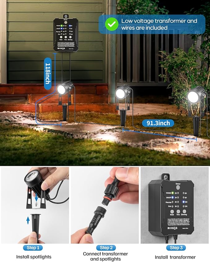HIBOITEC Low Voltage Landscape Lighting with Transformer Photocell Sensor and Timer Spotlights Kit 52FT ETL Approved Wire Dimmable Waterproof 4000K for House Yard Trees Garden Plants Outdoor 6 Packs