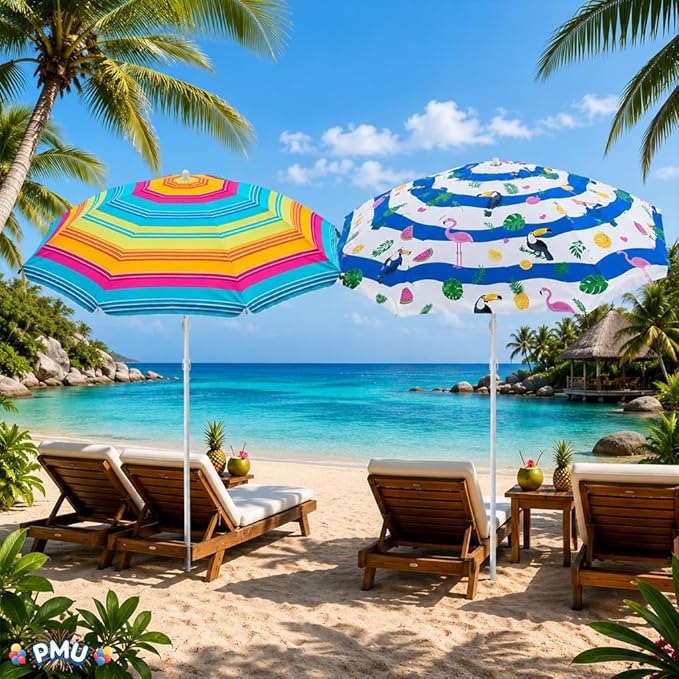 PMU 4 Pcs Set Beach Umbrella 72in Open – Tropical Flamingo Print & Rainbow Stripe, 160G Polyester Large Outdoor Patio Pool Parasol Umbrella for Garden, Deck, Backyard & Pool