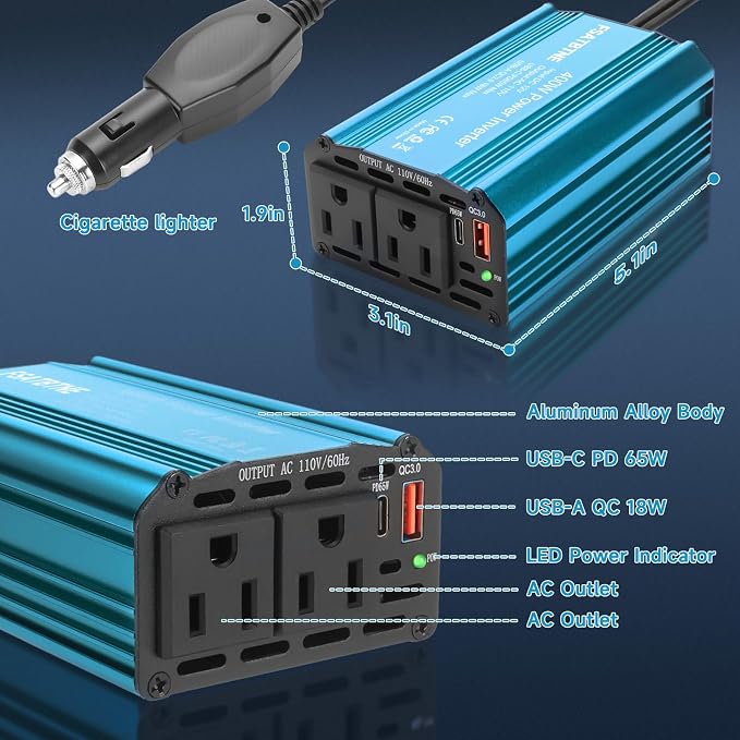 400W Power Inverter, FSATBTNE DC 12V to 110V AC Car Plug Adapter Outlet Converter with [65W PD USB-C] & [18W QC USB-A] Fast Charging Ports and 2 AC Outlets Car Power Inverters for Vehicles