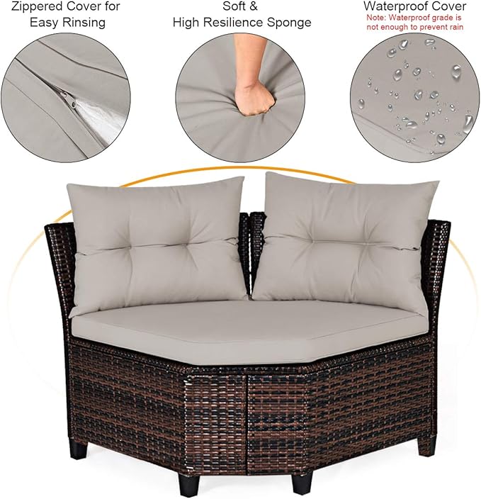 HAPPYGRILL 4 Pieces Curved Outdoor Sofa Set Rattan Wicker Patio Furniture Set with Coffee Table & Cushions Modern Conversation Set Curved Sofa Set for Garden Poolside Balcony