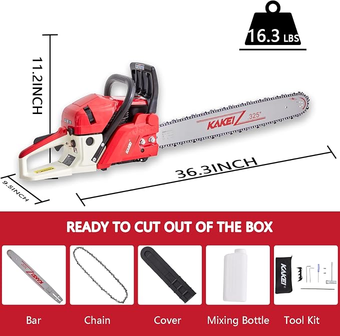KAKEI 62CC 22-Inch Gas Chainsaw, 3.8HP 2-Stroke Engine, Easy Start, Germany-Steel Chain & Precision Bar, Gas Powered Chainsaw for Tree Cutting, Firewood and Logging