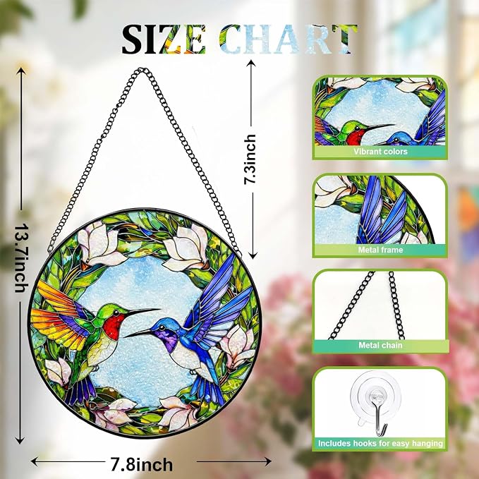 Stained Glass Window Hanging - Colorful Hummingbirds Suncatcher for Windows Doors Home Decor, Hummingbird Magnolia Flowers Sun Catcher Gift for Women Mom Nana Bird Lovers Christmas Mother's Day 7.8 in