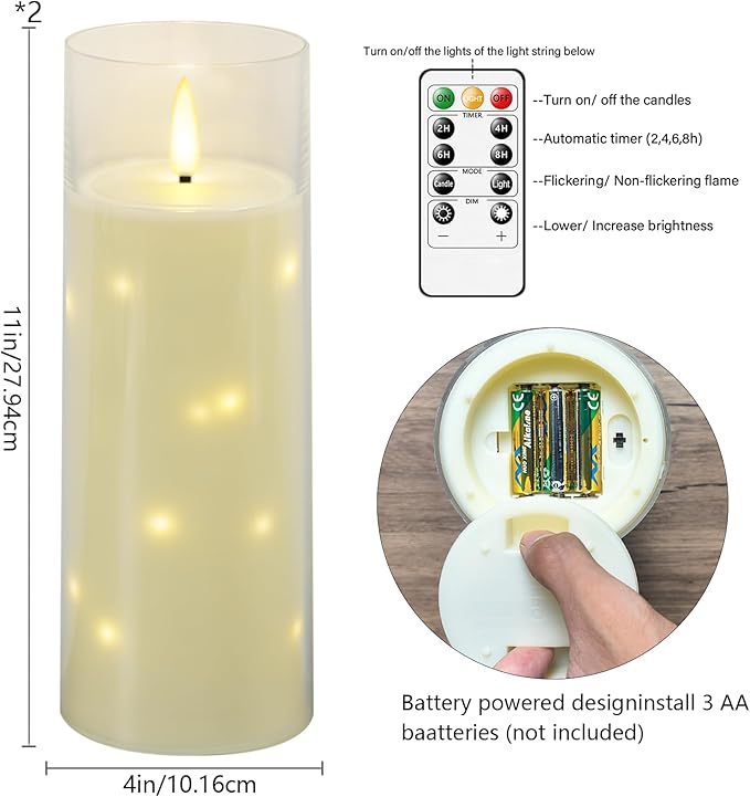 kakoya 11" x 4" Large Outdoor Waterproof Flameless LED Candles with Remote and Timer,Acrylic Pillar Candles Battery Operated with Embedded Star String for Porch,Patio,Outdoor Decor,Set of 2(Ivory)