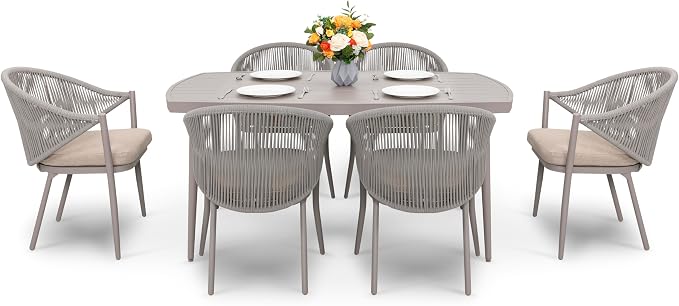 Nuu Garden Outdoor 7 Piece Dining Set, Woven Rope Conversation Chairs with Seat Cushions and Tufted Pillows, Aluminum Dining Table with 2.76" Umbrella Hole, Ideal for Patio, Lawn, Garden, Porch, Beige