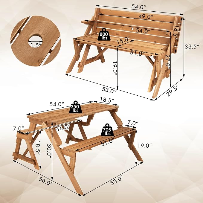 Tangkula 2-in-1 Convertible Wooden Picnic Table, Transforming Interchangeable Outdoor Bench Table with Umbrella Hole, Collapsible Picnic Table and Bench for Garden, Backyard, Porch, Patio