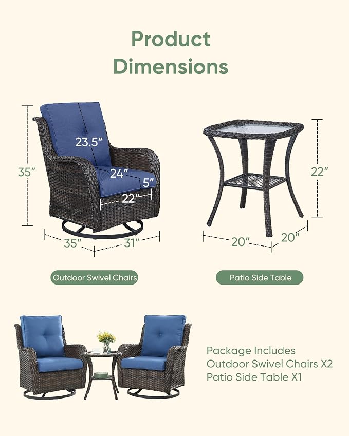 HUMMUH 5 Piece Outdoor Patio Furniture Set Wicker Conversation Bistro Set Swivel Rocking Chairs with Side Table and Ottomans for Backyard, Porch, Balcony
