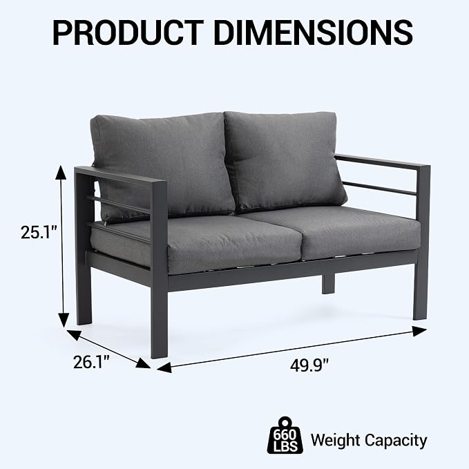 4-Piece All-Weather Metal Patio Furniture Set, Sectional Conversation Sofa w/Coffee Table, Heavy Duty Steel Frame & Washable Cushions for Backyard Garden (Grey, Loveseat)