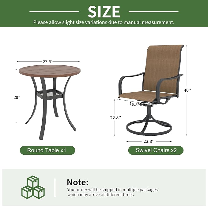 Anmutig 3-Piece Outdoor Patio Dining Set, 27.5" Round Table with 2 Swivel Rocking Patio Chairs Furniture Set for Kitchen Garden, Backyard, Brown