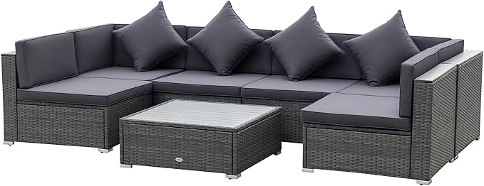 Outsunny 7-Piece Patio Furniture Sets PE Rattan Sectional Sofa Set Outdoor Conversation Set w/Acacia Top Coffee Table & Cushion for Garden, Backyard, Grey
