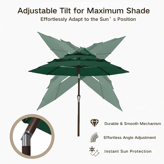 Kingdura 10ft 3-Tier Patio Umbrella, Outdoor Table Umbrella with Easy Crank & Tilt, 8 Reinforced Ribs, UV Protection for Deck, Pool, Market, Backyard (Dark green)