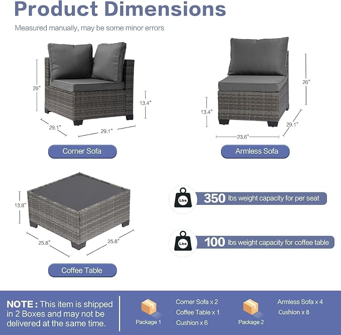 7-Piece Outdoor Rattan Sectional Sofa Set, Wicker Patio Furniture with Coffee Table, Grey Cushions, Patio Conversation Set for Your Villa, Balcony, Porch, Backyard