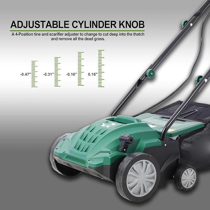 13" Electric Dethatcher and Scarifier 12 Amp Lawn Dethatcher with 31.7QT Collection Bag 2-in-1 Thatcher for Lawn Turf Vacuum for Artificial Grass Green