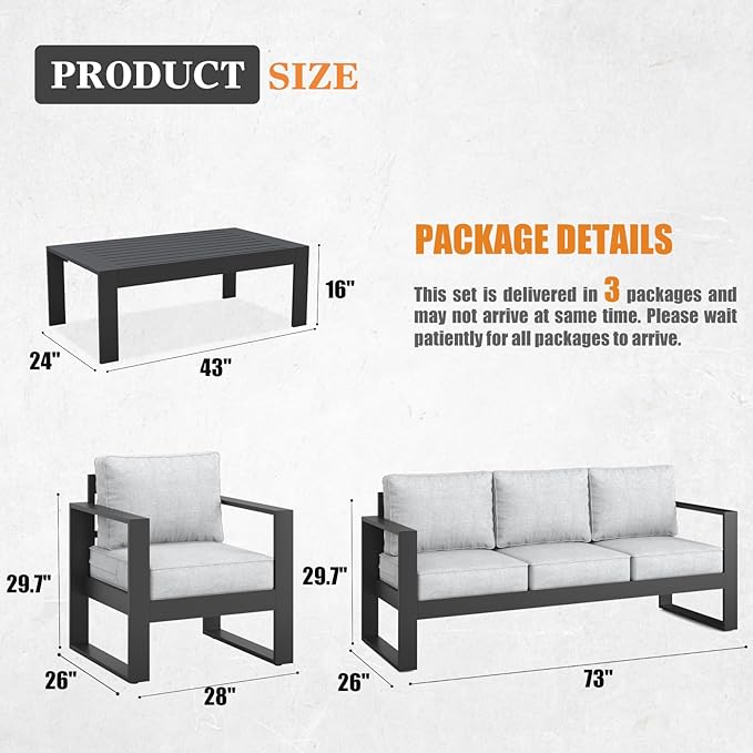 Outdoor Aluminum Furniture Set - 4 Pieces Modern Patio Conversation Sets Metal Sectional Sofa with Coffee Table