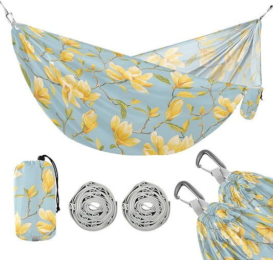 Camping Hammock Outdoor Hammocks for Outside Yellow Magnolia Flowers Beach Trees Portable Lightweight with Pockets Tree Straps Indoor Small