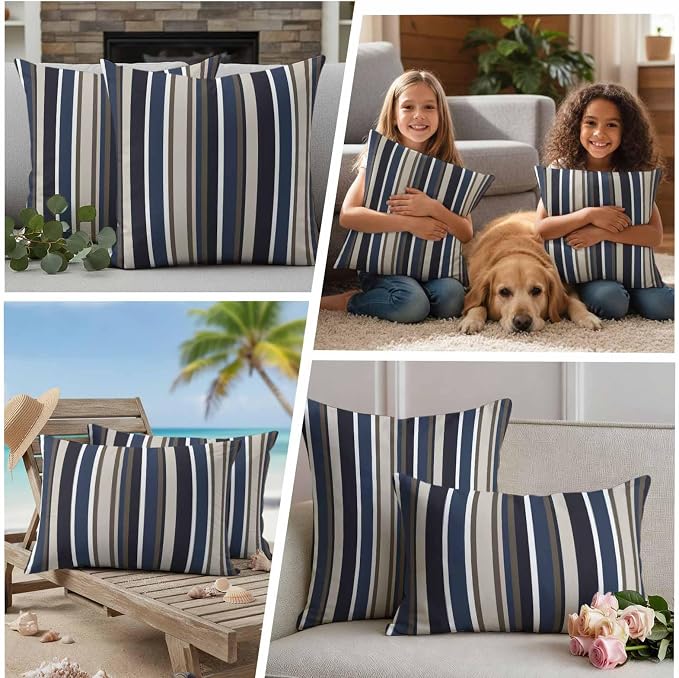 Outdoor Waterproof Throw Pillow Covers Set of 2 Blue Striped Pillowcases 18x18 Inches Geometric Beige Stripes Decorative Pillows Cushion Case Patio Pillows for Couch Bed Chair Garden