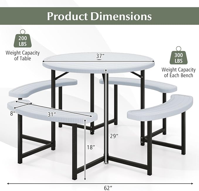 Giantex Picnic Table Bench Set for 4-8 Person, Round 37” Outdoor Dining Table w/Umbrella Hole, HDPE Tabletop, Metal Frame, Patio Furniture Set for Backyard Porch Lawn, 1400lb Capacity (Gray,Round)