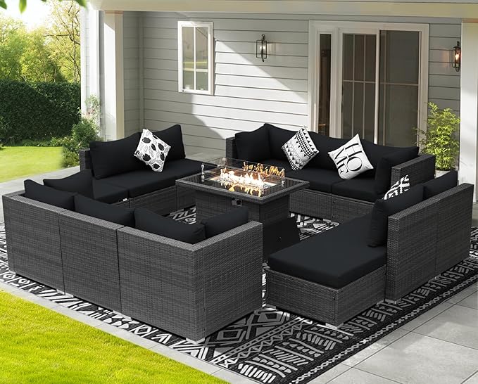 NICESOUL 13 Piece Patio Furniture w/Fireplace, Elegant Outdoor Seating w/Firepit, XL Size 29.3'' High Back Sectional Sofa, All-Weather Rattan Deck Couch, Modular Sturdy Conversation Set,Gray & Black
