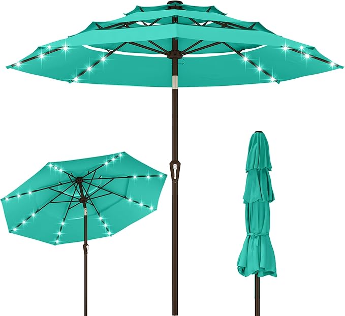Kingdura 9ft 3-Tier Patio Umbrella with Solar Lights, Table Umbrella Outdoor Patio with Easy Crank & Tilt, 8 Sturdy Ribs, UV Protection, 32 LED Lights for Deck, Poolside, Market (Tiffany blue)