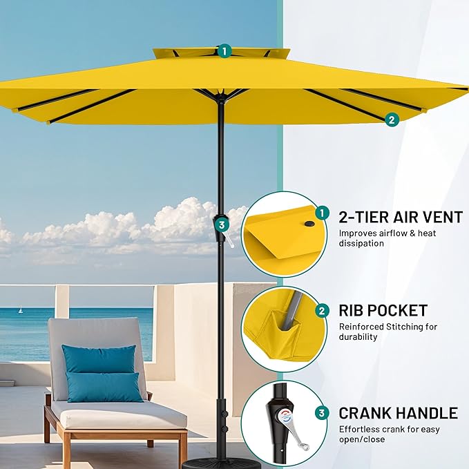 AreShark 8'x10' 2 Tiers Rectangular Patio Umbrella - Outdoor Umbrella Waterproof UV Protection, Market Table Umbrella w/Crank for Pool, Backyard, Deck(Yellow)