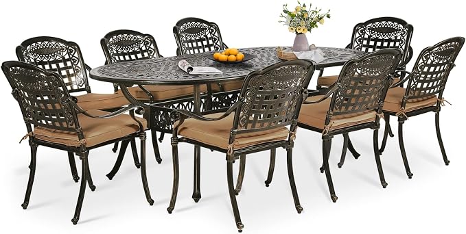 9-Piece Patio Dining Set, Outdoor Patio Table and Chair Set of 84” Oval Cast Aluminum Dining Table with Umbrella Hole and 8 Outdoor Dining Cushion Chairs, Patio Funiture Set for Lawn Garden