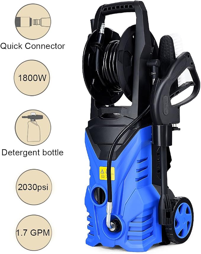 Happygrill Electric Pressure Washer, 2030PSI 1.6GPM High Pressure Sprayer Machine with 16.5ft Hose, Wash Brush, Soap Bottle, 1800W