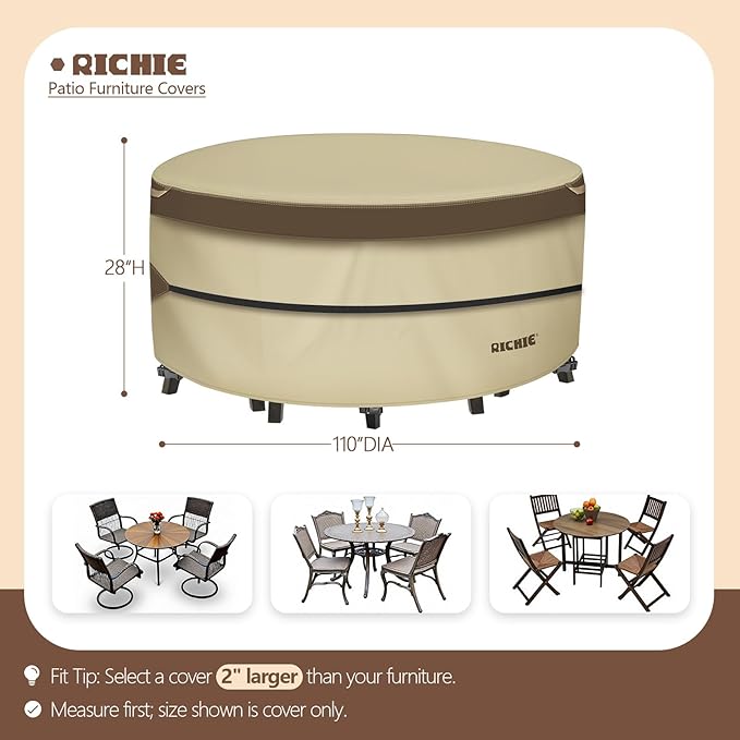 RICHIE Outdoor Patio Furniture Cover - Heavy Duty Waterproof 600D Tough Canvas Protector for Round Table Cover, All-Season Dining Table and Chair Cover (110"DIAx28"H)