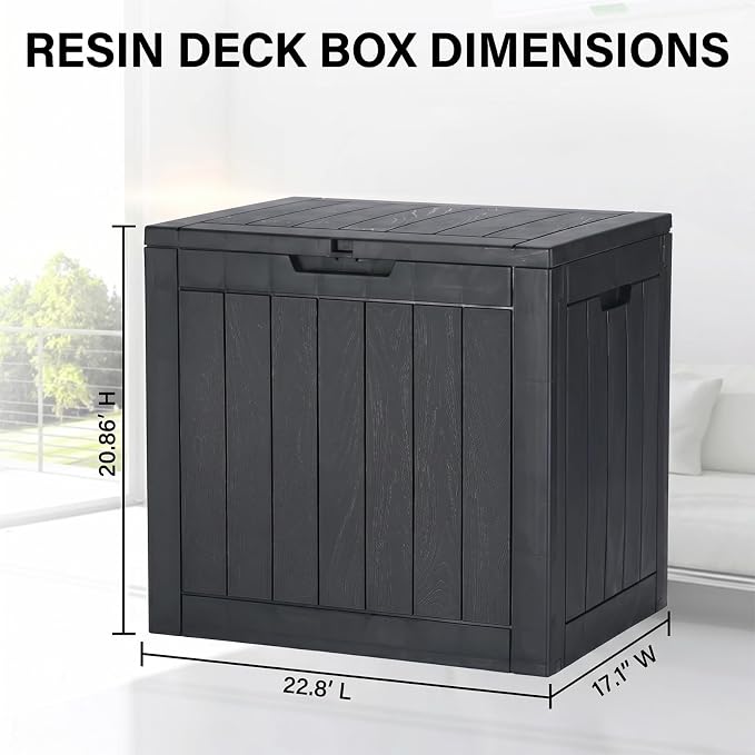 31 Gal Resin Deck Box, Outdoor Storage Bench Side Table for Patio Cushion | Versatile outdoor storage: Organizes single yard mats, pool accessories, garden hoses, or front porch parcels.