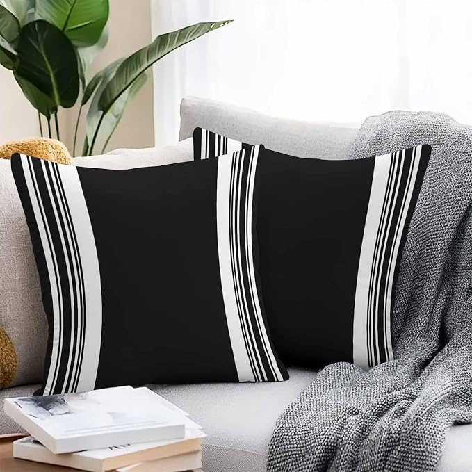Farmhouse Black Outdoor Waterproof Throw Pillow Covers 16x16 Set of 2, Aesthetic Modern Line Striped Decorative Pillowcases Cushion Pillowcase for Couch Sofa Patio Outside Pillow Protector