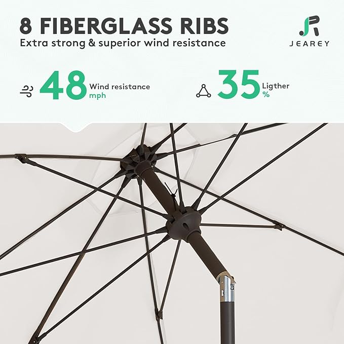 JEAREY 9FT Outdoor Patio Umbrella,Market Table Umbrella with 8 Fiberglass Ribs, Pool Umbrella with Tilt and Crank, UV Protection Lightweight & Wind-Resistant for Lawn, Garden, Deck and Backyard, Cream White