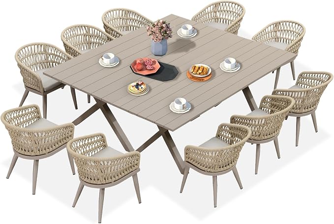 PURPLE LEAF 12 Pieces Outdoor Dining Sets All-Weather PE Rattan Outdoor Patio Furniture Set with All Aluminum Frame Outdoor Table and Chairs Set for Lawn Garden Backyard Deck, Champagne