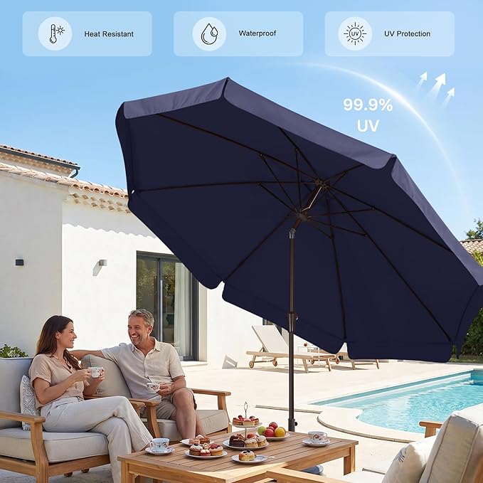 ABCCANOPY 9ft Scalloped Patio Umbrella, Outdoor Table Umbrella with Tilt and Crank, Fiberglass Ribs Deck Umbrella for Patio, Pool, Garden, Picnic (Tibetan Blue)