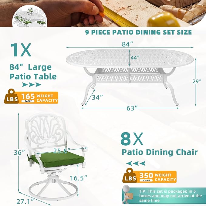 MEETWARM 9-Piece Outdoor Patio Dining Set, All-Weather Cast Aluminum Patio Conversation Set for Backyard Garden Deck with 8 Cushioned Swivel Rocker Chairs, 1 Oval Table, 2" Umbrella Hole, White