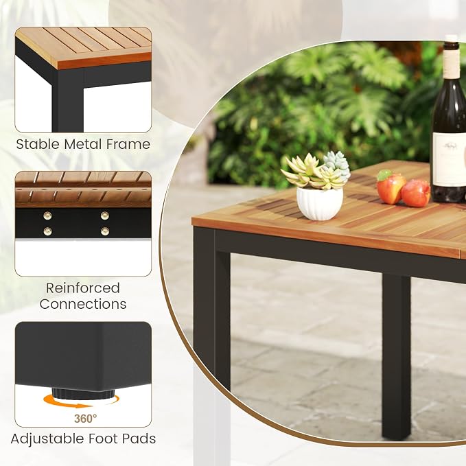 HAPPYGRILL Patio Dining Table for 8, 79" Large Rectangle Table with Acacia Wood Tabletop & Heavy Duty Metal Frame, Outdoor Dining Table with 2" Umbrella Hole for Backyard, Lawn & Garden