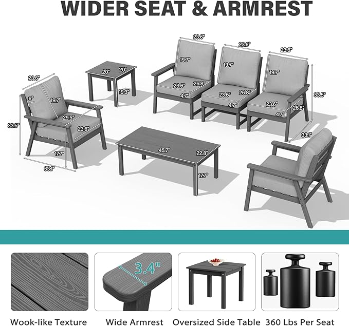 LOUNZY HDPE Patio Furinture Set, 6 Piece Sectional Sofa Outdoor Furniture Set, All Weather Outdoor Couch Set Patio Conversation Set for Deck, Lawn, Grey